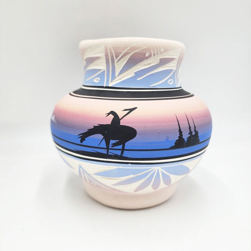 Vintage Clay Pottery Round Vase Signed Stash Navajo Pink Blue Sunset 6.5" Tall